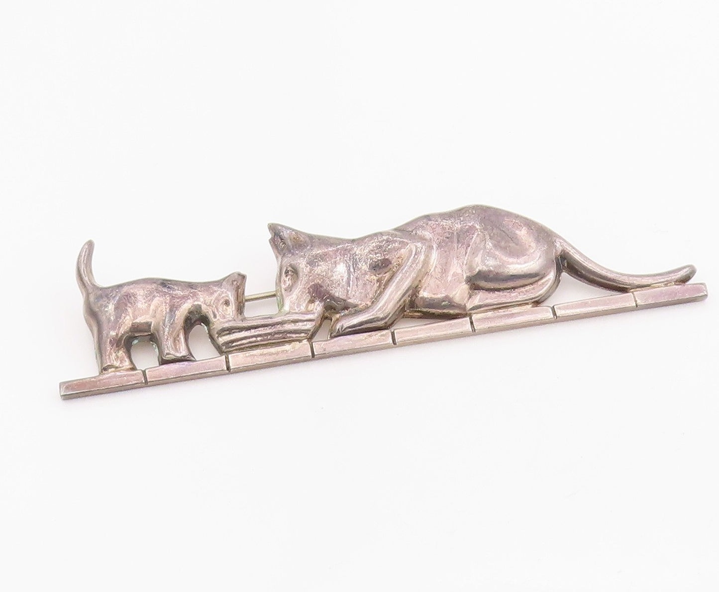 925 Sterling Silver Vintage Brooch MEXICO Cat & Kitten Sharing Meal Pin  BP12084
