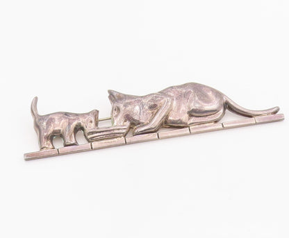 925 Sterling Silver Vintage Brooch MEXICO Cat & Kitten Sharing Meal Pin  BP12084