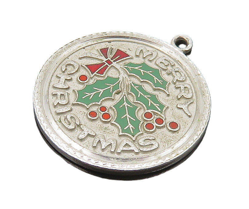 925 Sterling Silver  Vintage Enamel Merry Christmas Mistletoe Pendant  PT15670