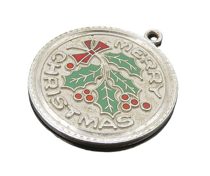 925 Sterling Silver  Vintage Enamel Merry Christmas Mistletoe Pendant  PT15670