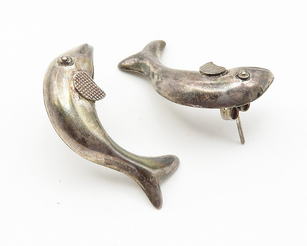 925 Sterling Silver  Vintage Dark Tone Leaping Dolphin Drop Earrings  EG5787