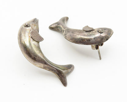 925 Sterling Silver  Vintage Dark Tone Leaping Dolphin Drop Earrings  EG5787