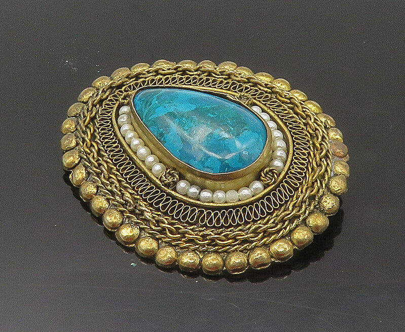 ISRAEL 925 Sterling Silver  Vintage Eilat Stone & Pearls Brooch Pin  BP6730