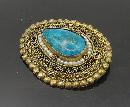 ISRAEL 925 Sterling Silver  Vintage Eilat Stone & Pearls Brooch Pin  BP6730