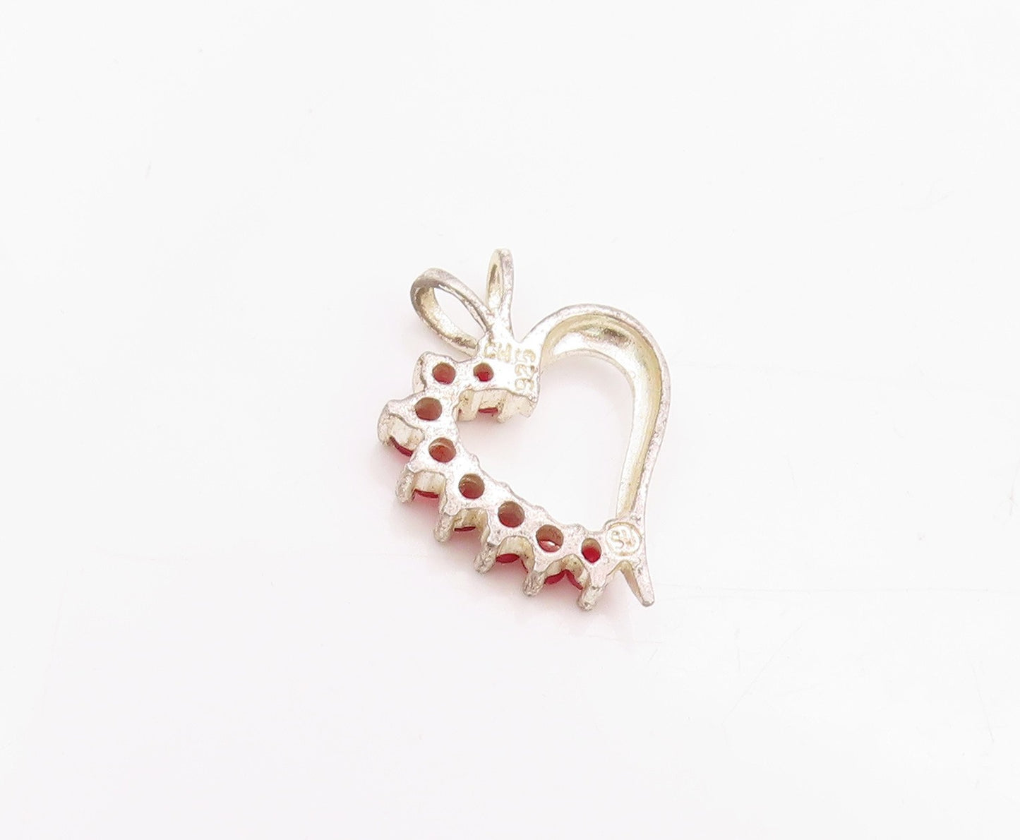 925 Sterling Silver Vintage Pendant Red Ruby Love Heart Cut Out Charm  PT24754