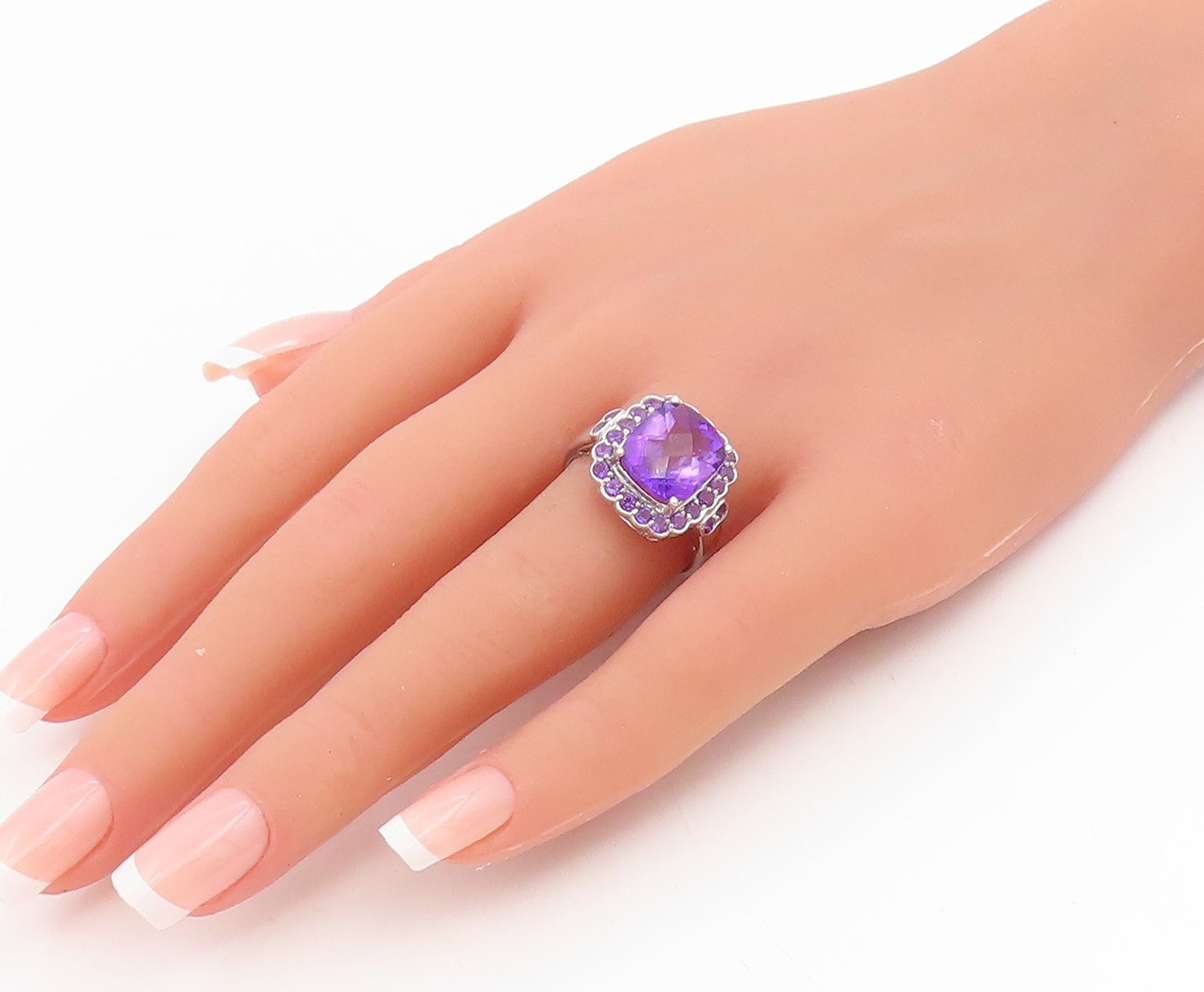 925 Sterling Silver Vintage Ring Faceted Amethyst Statement Band  Sz 8  RG35038