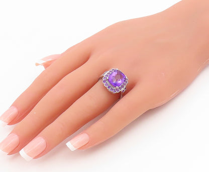 925 Sterling Silver Vintage Ring Faceted Amethyst Statement Band  Sz 8  RG35038