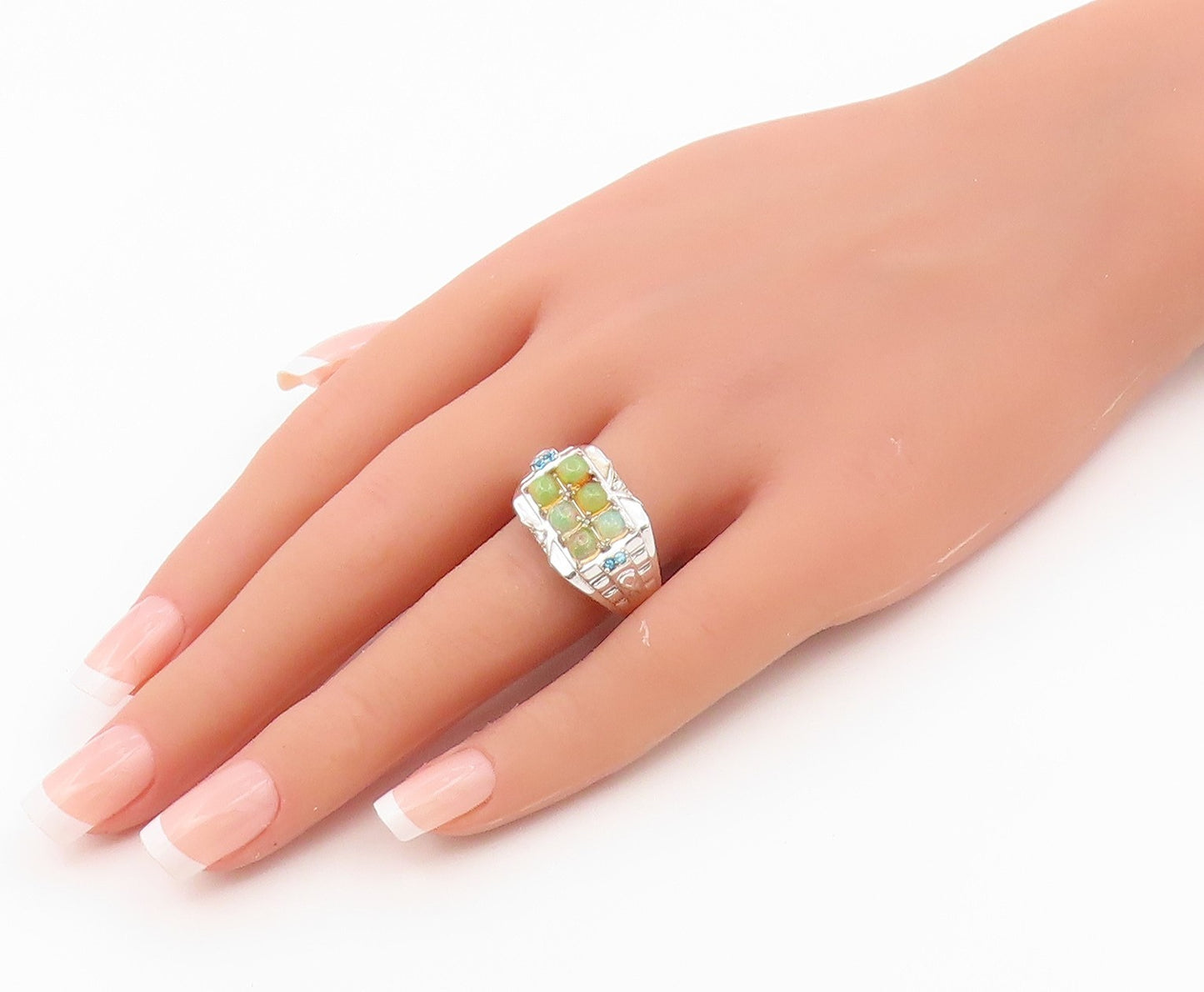925 Sterling Silver Vintage Ring Fire Opal & Topaz Geometric Band Sz 12 RG36642