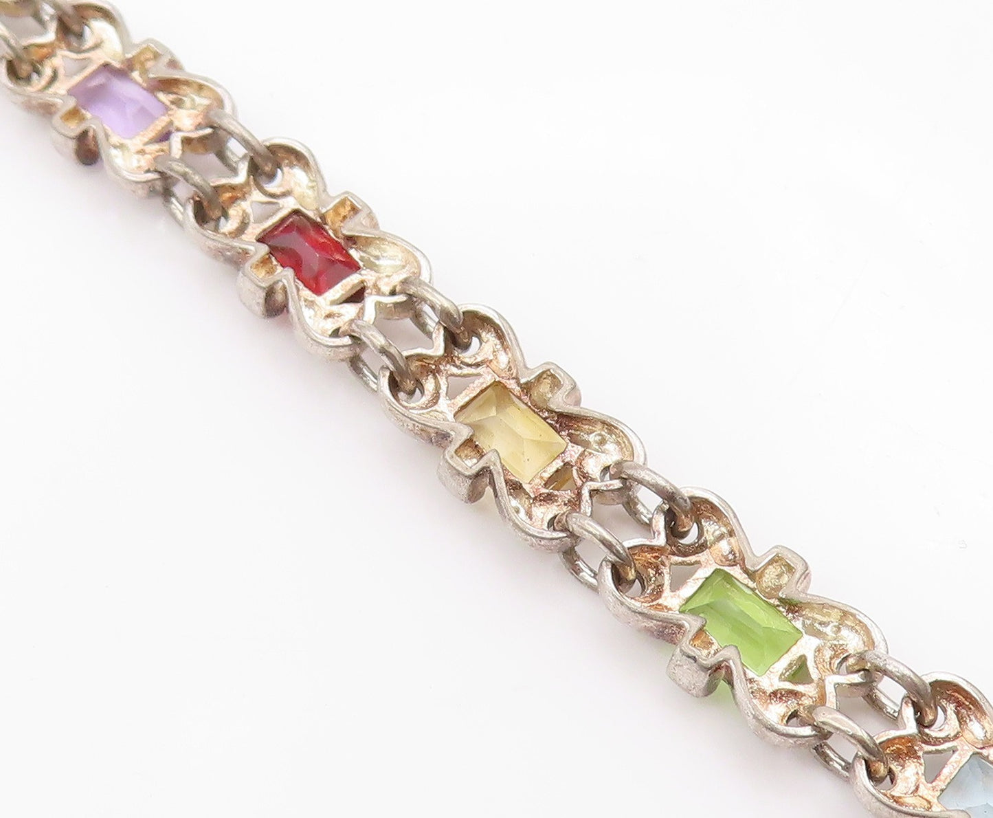 925 Sterling Silver Vintage Bracelet Elegant Multi Gemstone Link Chain  BT11691