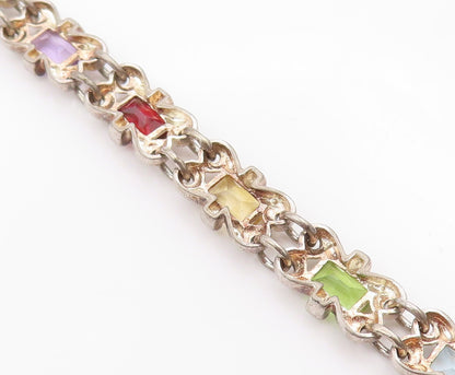 925 Sterling Silver Vintage Bracelet Elegant Multi Gemstone Link Chain  BT11691