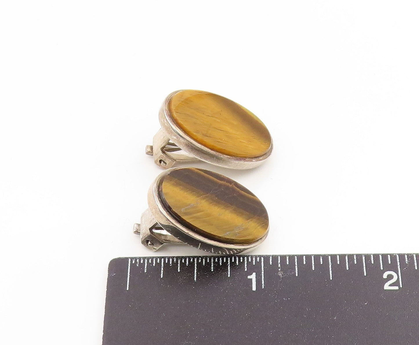 925 Sterling Silver Vintage Earrings PALIU SPAIN Tiger's Eye Clip On  EG14136