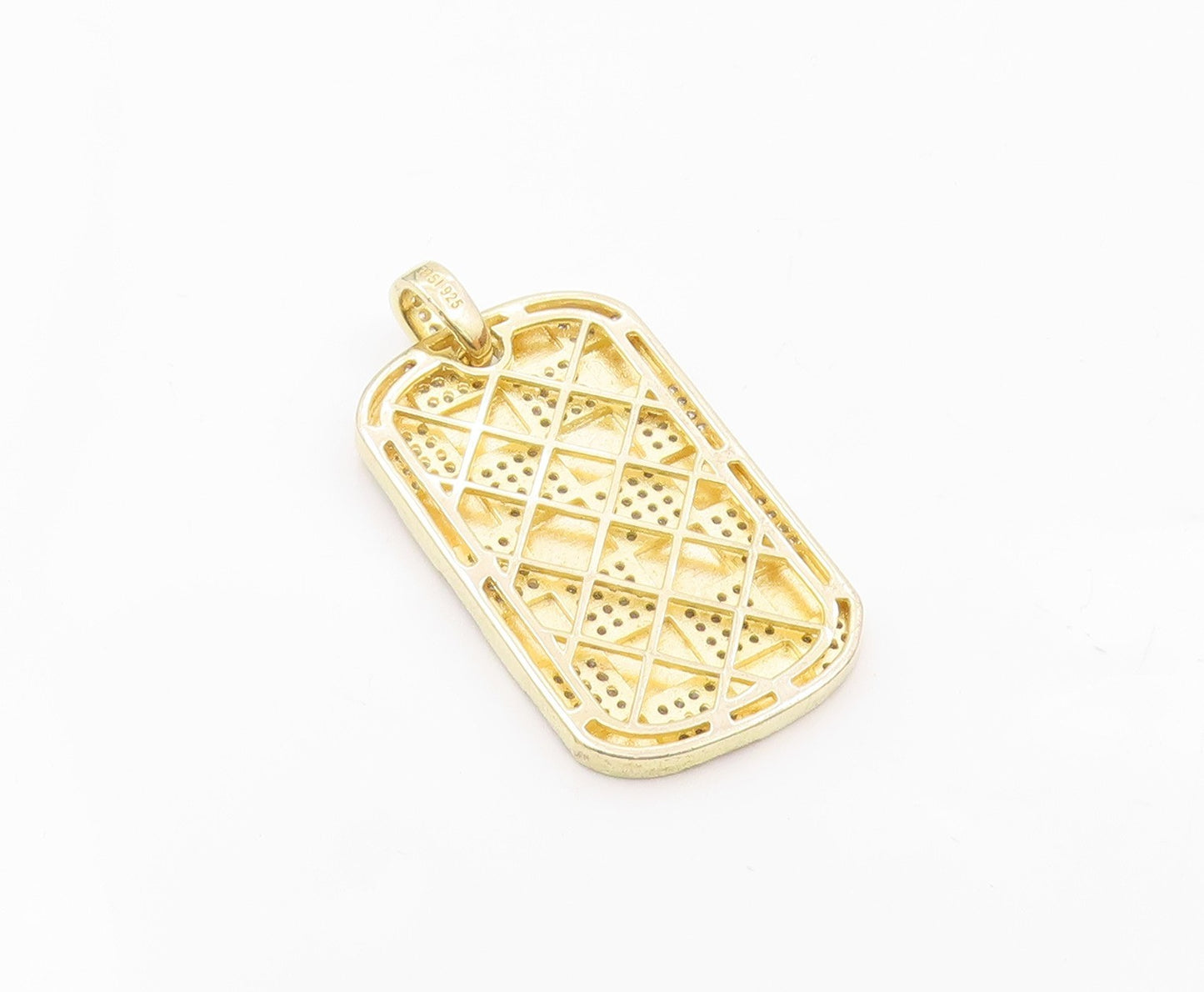 925 Sterling Silver  Shiny Cubic Zirconia Checkered Dog Tag Pendant  PT11125