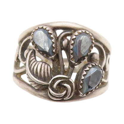 925 Sterling Silver Vintage Ring WHEELER Hematite Floral Design  Sz 6.5  RG33421