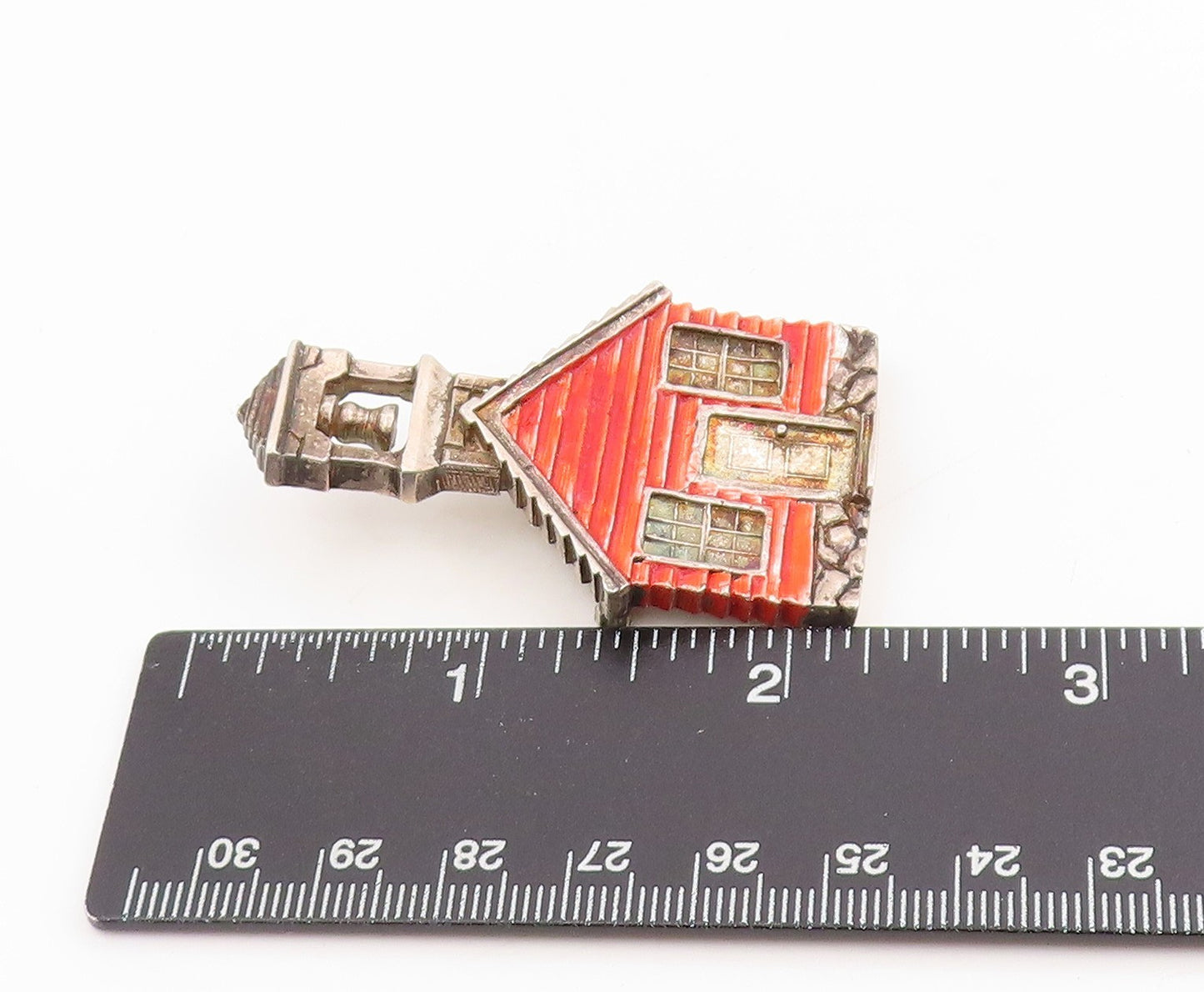 925 Sterling Silver Vintage Brooch Red Enameled Schoolhouse With Bell  BP12046