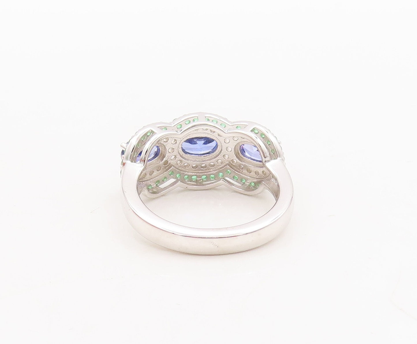 925 Sterling Silver Vintage Ring Oval Blue Halo White & Green CZ  Sz 7  RG29551