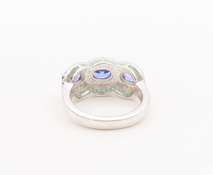 925 Sterling Silver Vintage Ring Oval Blue Halo White & Green CZ  Sz 7  RG29551