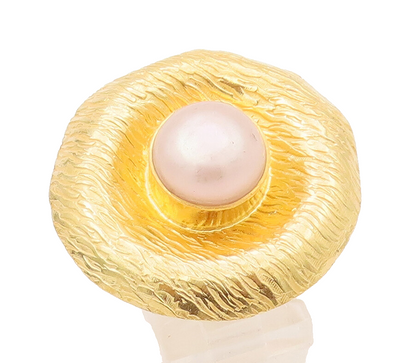 925 Sterling Silver Vintage Ring Gold Plated Grooved Pearl Hat   Sz 5.5 RG28005