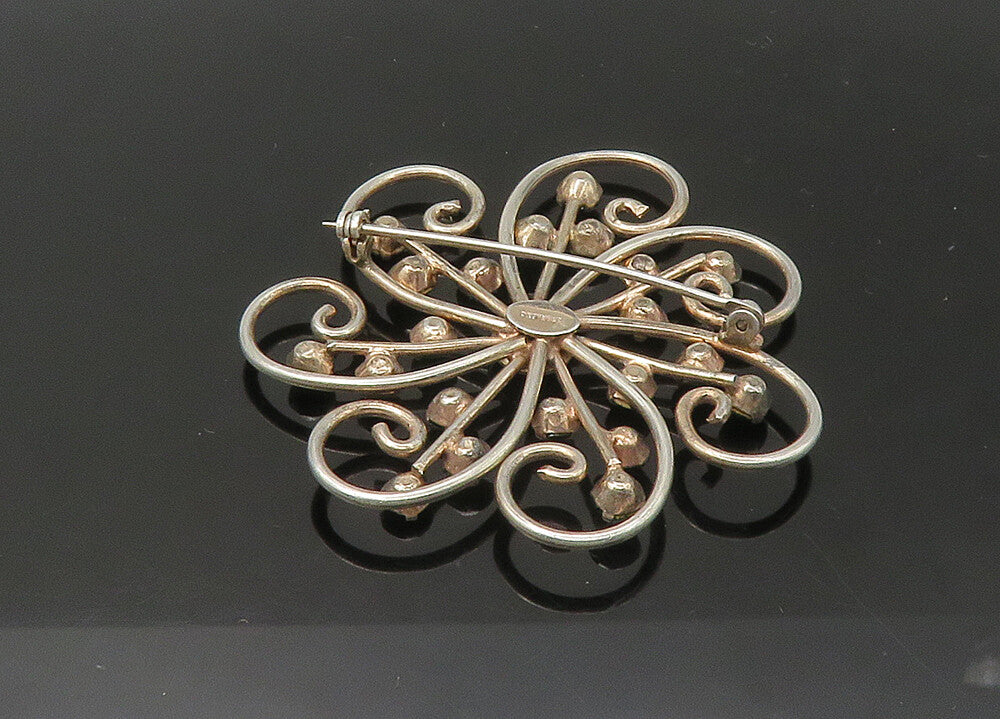 925 Sterling Silver  Vintage Green Stone Swirl Flower Motif Brooch Pin  BP8796