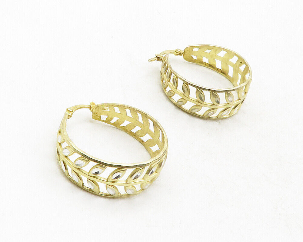 925 Sterling Silver  Shiny Two Tone Floral Leaf Vine Hoop Earrings  EG6493