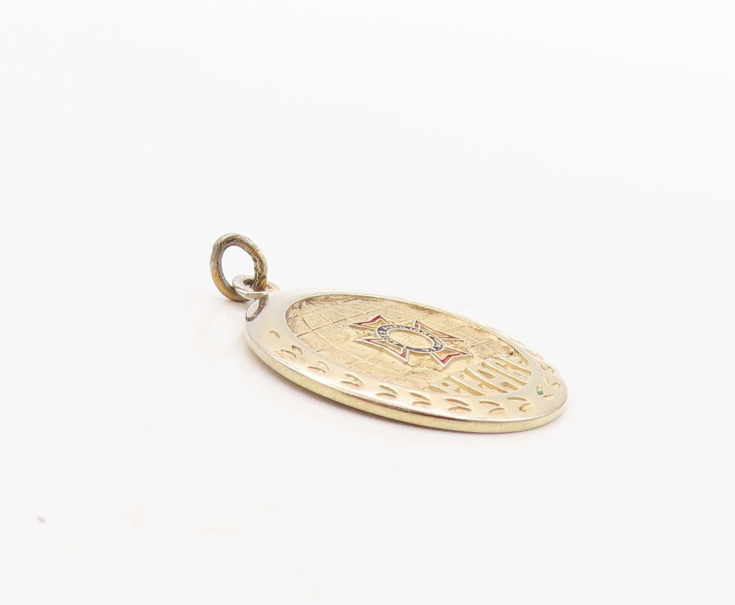 925 Sterling Silver Vintage Pendant Gold Plated Enameled Peace Carved  PT23623