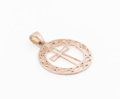 925 Sterling Silver Vintage Pendant Swirly Bordered Religious Cross  PT24282
