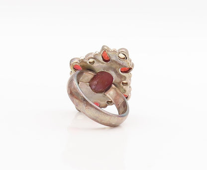 925 Sterling Silver Vintage Ring Garnet Citrine & Gemstone Flower  Sz 6  RG29282