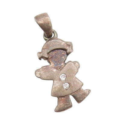 925 Sterling Silver Vintage Pendant Round CZ Dark Tone Little Girl Charm PT24832