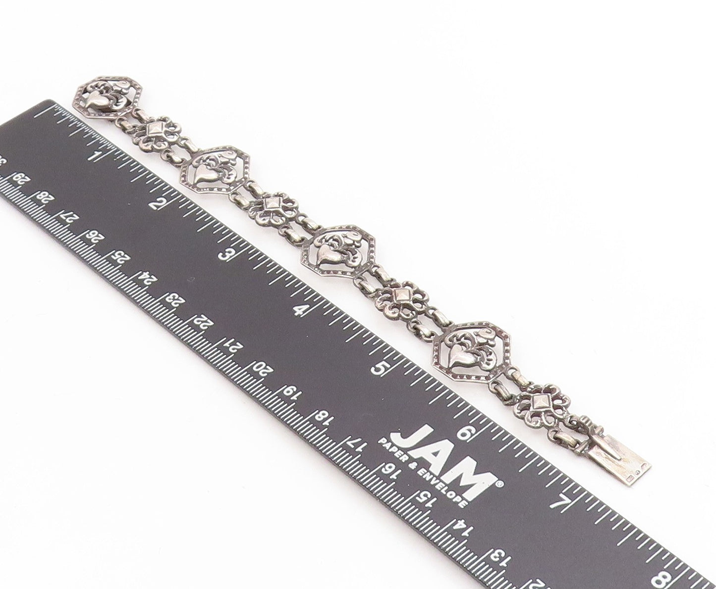 925 Sterling Silver Vintage Bracelet EUROPE Openwork Floral Love Heart  BT11736