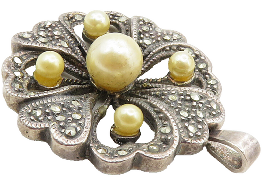 925 Sterling Silver  Vintage Pearls & Marcasite Floral Design Pendant  PT7435