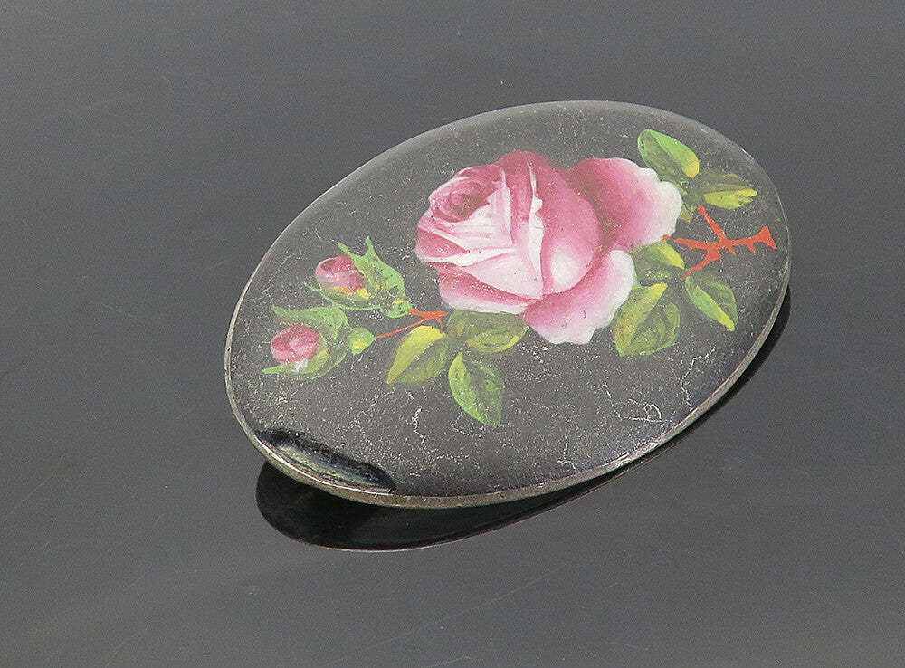925 Sterling Silver  Vintage Enamel Rose Flower Art Oval Brooch Pin  BP3003