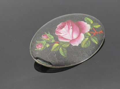 925 Sterling Silver  Vintage Enamel Rose Flower Art Oval Brooch Pin  BP3003