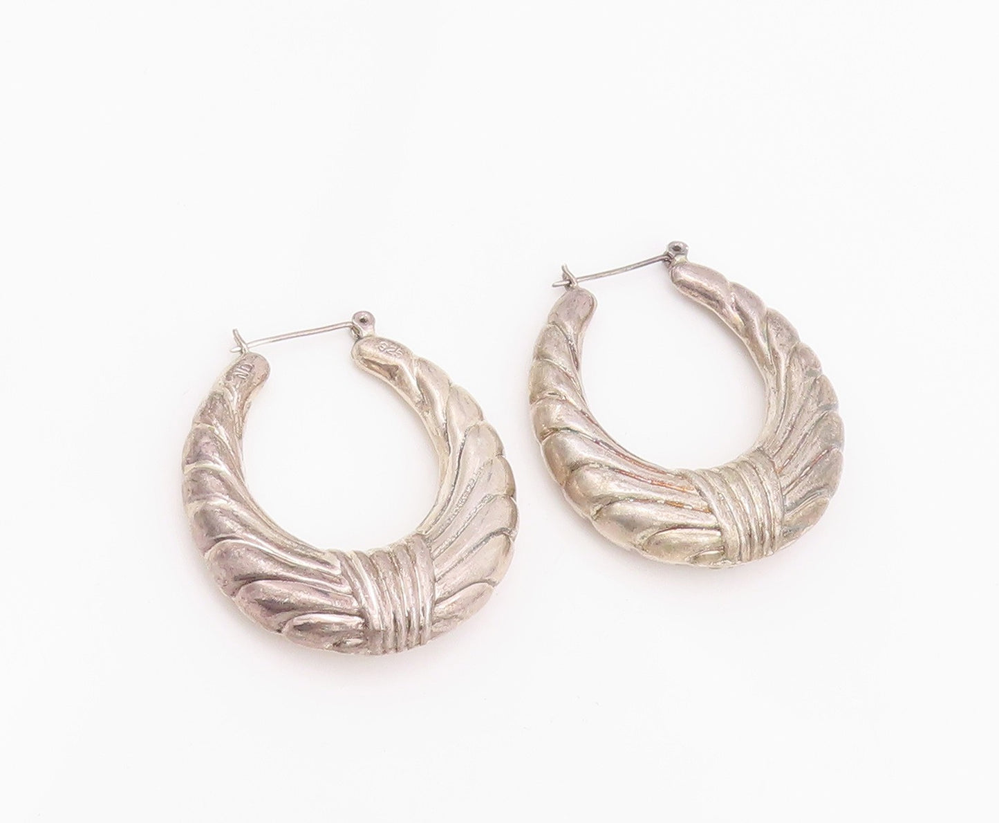 925 Sterling Silver Vintage Earrings Designer Puffed Grooved Hoops  EG13661