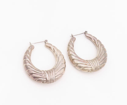 925 Sterling Silver Vintage Earrings Designer Puffed Grooved Hoops  EG13661