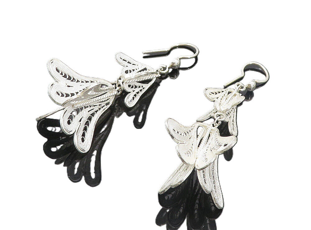 925 Sterling Silver  Shiny Filigree Detail Floral Link Dangle Earrings  EG3428