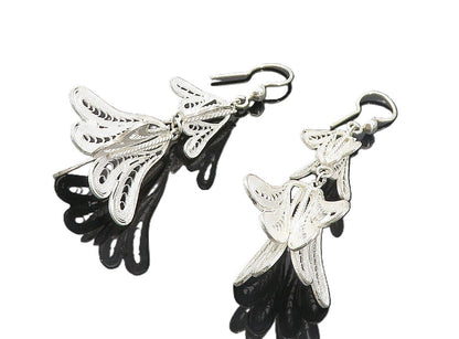 925 Sterling Silver  Shiny Filigree Detail Floral Link Dangle Earrings  EG3428
