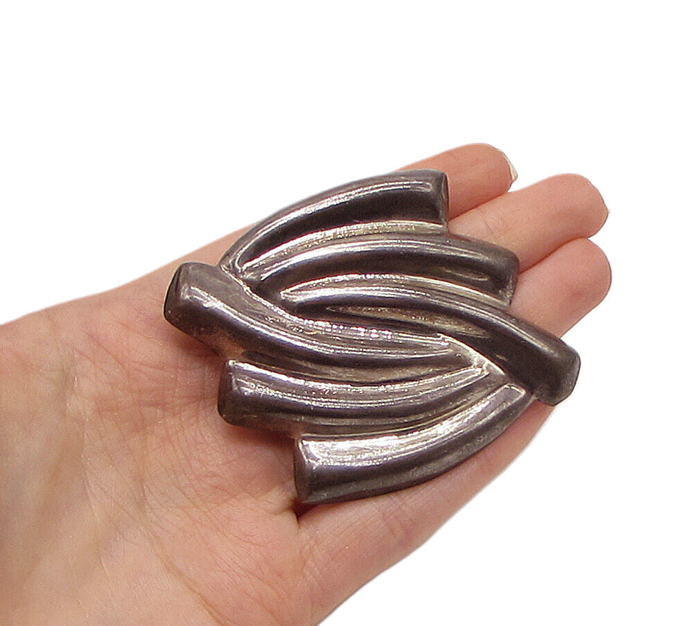 MEXICO 925 Silver Vintage Wavy Art Deco Pendant Brooch Pin BP1022