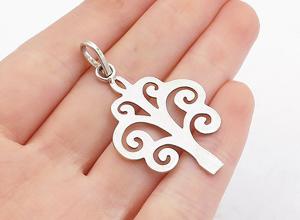 925 Sterling Silver Vintage Petite Shiny Swirl Tree Design Pendant PT2979