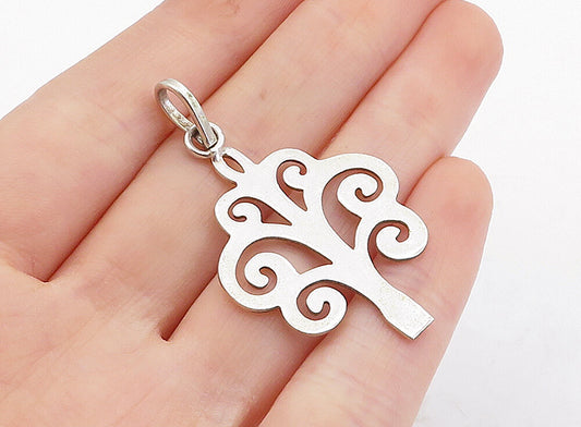 925 Sterling Silver Vintage Petite Shiny Swirl Tree Design Pendant PT2979