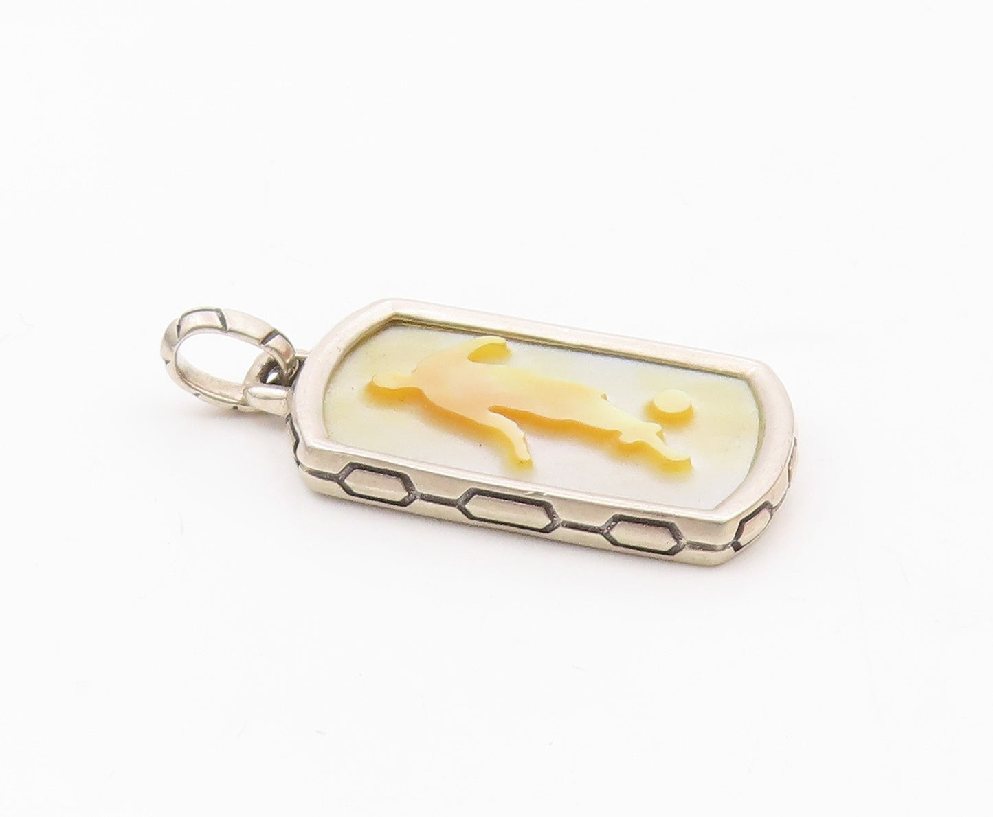 925 Silver  Vintage Carved Mother Of Pearl Soccer Player Pendant  PT21663