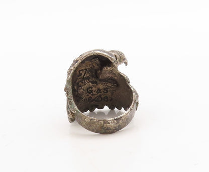 925 Sterling Silver Vintage Ring G & S Dark Tone Carved Eagle  Sz 7.5  RG31651