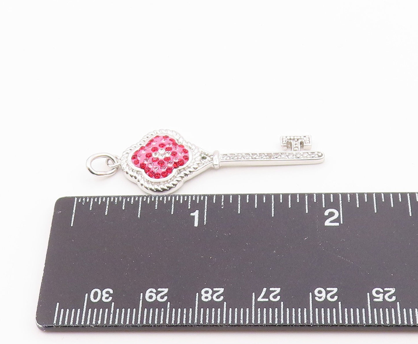 925 Sterling Silver  Vintage Pink Crystal & Topaz Key Motif Pendant  PT17410