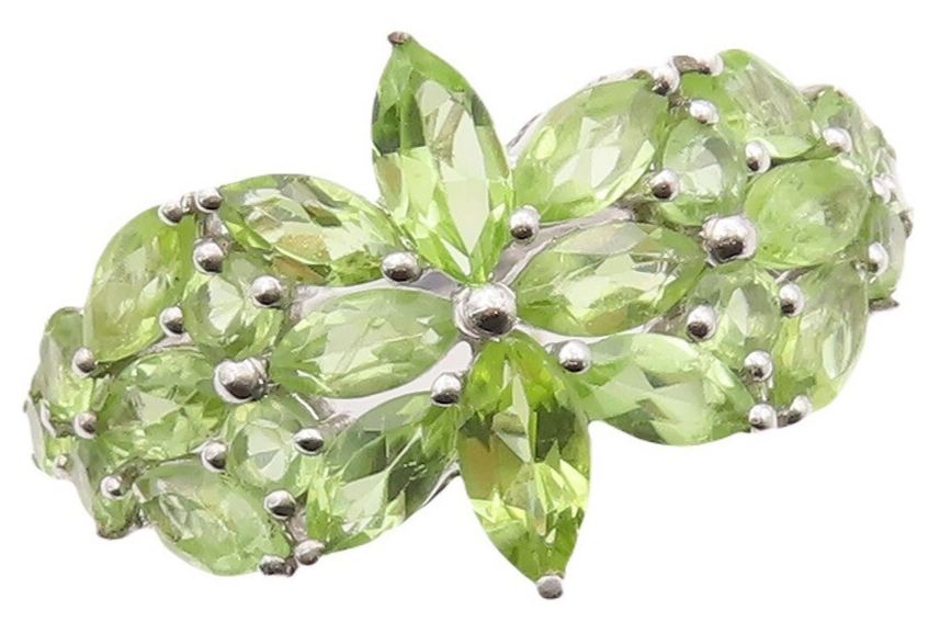 925 Sterling Silver Vintage Ring Floral Marquise Cut Peridot Inlay Sz 7  RG30824
