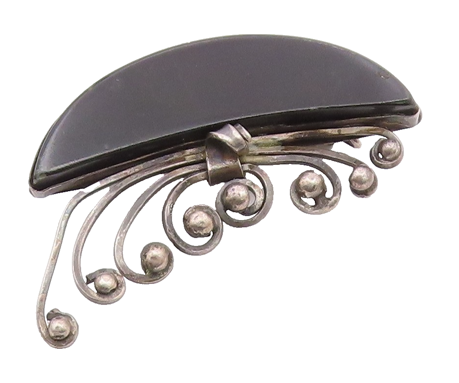 925 Sterling Silver  Vintage Black Onyx Dark Tone Swirl Brooch Pin  BP7952