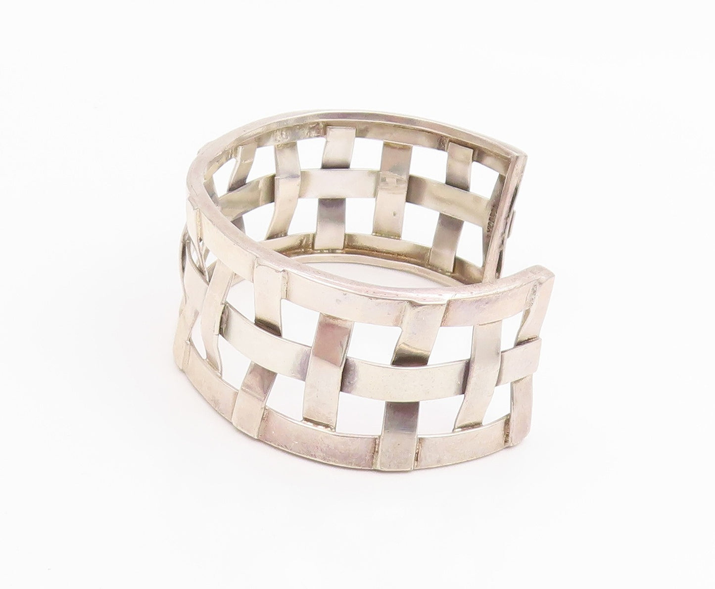 925 Sterling Silver Vintage Bracelet Modernist Basketweave Wide Cuff  BT11942