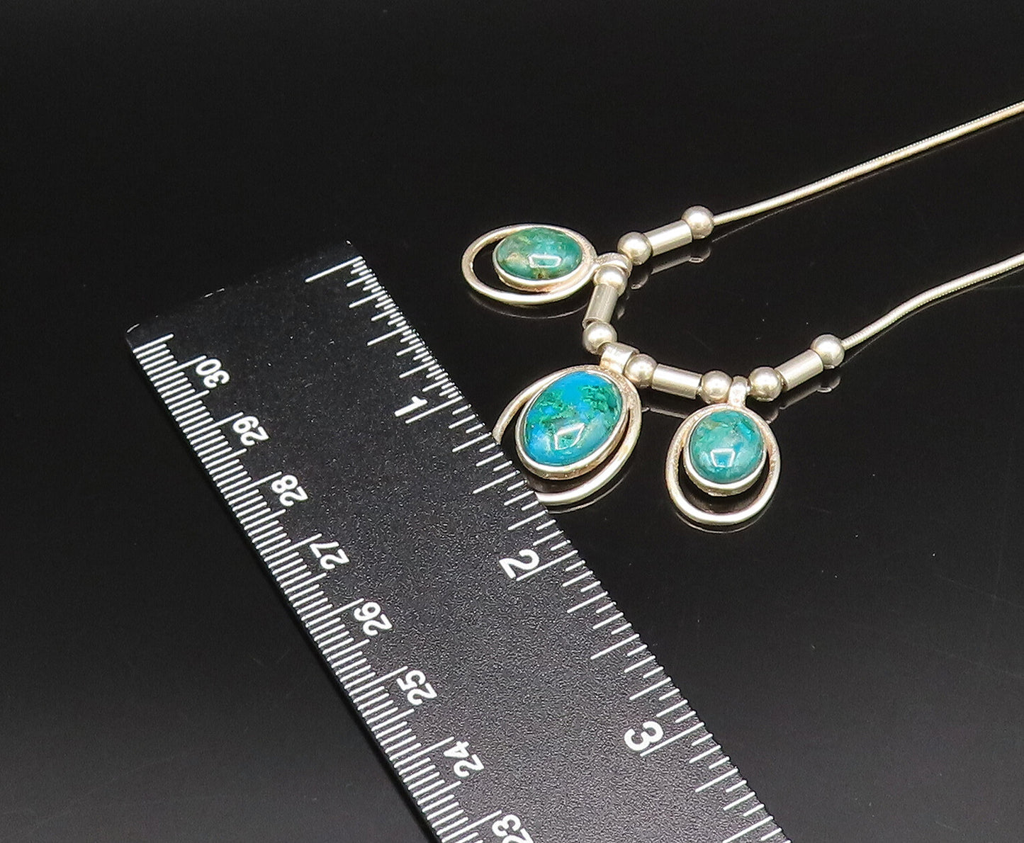 925 Silver  Vintage Three Stone Oval Chrysocolla & Beads Rope Necklace  NE3952