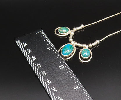 925 Silver  Vintage Three Stone Oval Chrysocolla & Beads Rope Necklace  NE3952