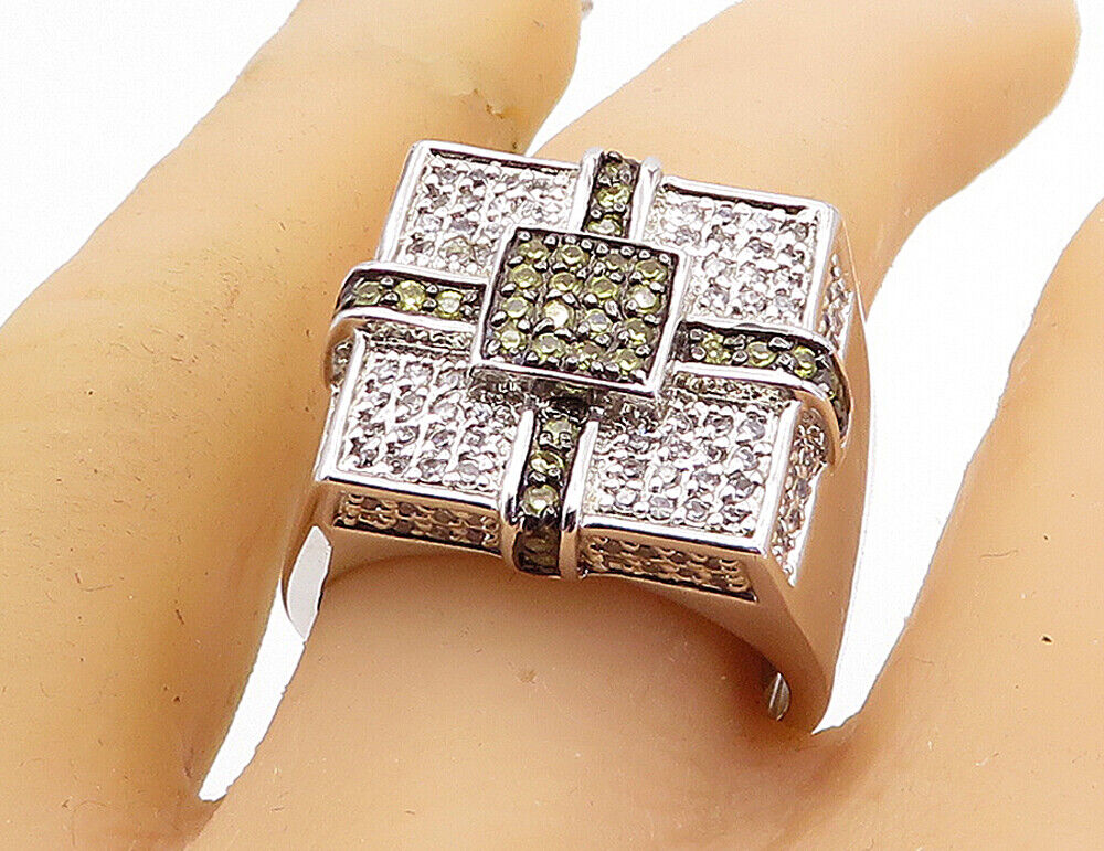 925 Sterling Silver - Topaz Encrusted Large Square Band Ring Sz 11 - RG4033