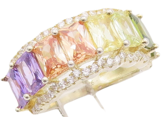 925 Sterling Silver Vintage Ring Gold Plated Multi Color CZ Band  Sz 6  RG28283