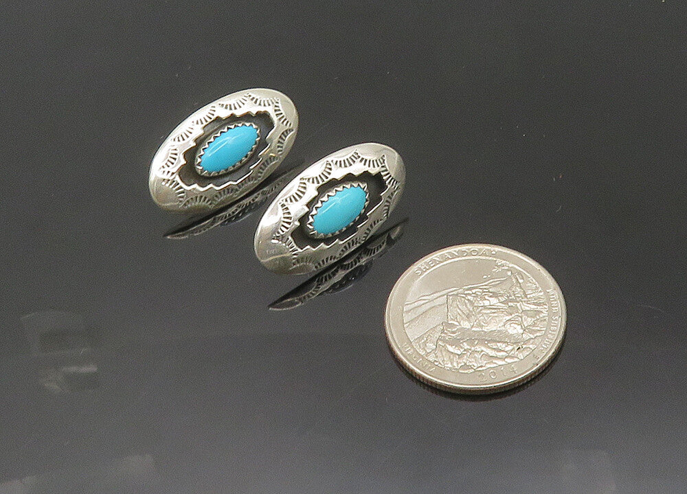NAVAJO 925 Silver  Vintage Turquoise Etched Pattern Drop Earrings  EG10451