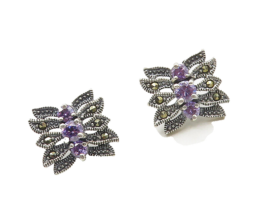 925 Sterling Silver  Vintage Cubic Zirconia & Marcasite Stud Earrings  EG9271
